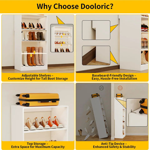 Why Choose Dooloric? 18 Tier Tall Shoe Cabinet Wooden Shoe Rack White Narrow Shoe Storage Organizer With Removable Shelves For Small Spaces.