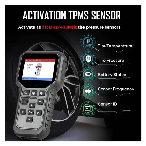 Universal TPMS Relearning Scanner Featuring Slick 315 433 MHz Activation And Easy Programming For Hassle Free Tire Monitor Reset and Road Ready Professional Diagnostic Tool displayed with tire pressure data.