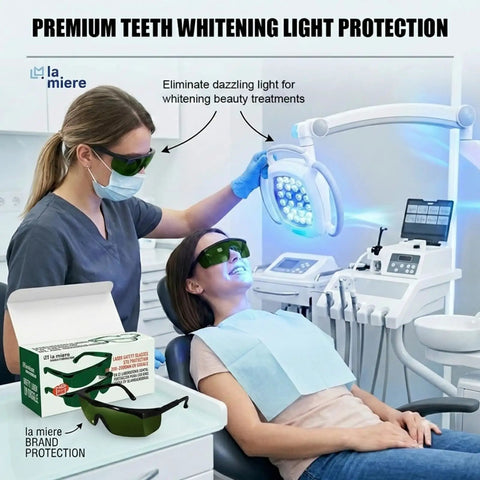 Tough As Nails Laser Safety Glasses Dark Green Anti Fog Coating Polycarbonate Frame For Dental Work 200 Through 2000Nm Beam Protection worn by a dentist.
