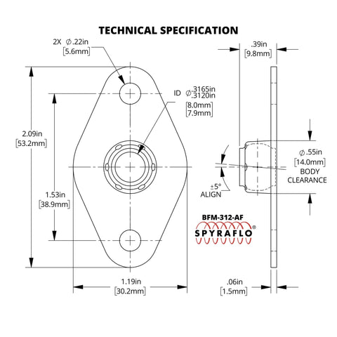 Technical specification diagram for Three Pack Five Sixteenths Inch Self Aligning Acetal Bearings With Two Bolt Flange Mount.