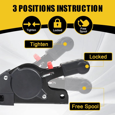 Retractable Tie Down Straps For Any Trailer 1In By 6Ft Bolt On Transom Mount showing tighten, locked, free spool options