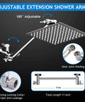 8 Inch Rain Shower Head Set With 11 Inch Adjustable Extension Arm and 5 Function Handheld Shower Head displayed in features layout