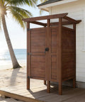 All Weather Solid Wood Outdoor Shower Enclosure with Storage Shelf and Lockable Door for poolside, beachside use, next to house