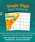 Cover and open pages of Single Digit Addition And Subtraction Math Workbook For Early Learners Pre K Through 1st Grade, Double Sided Practice Pages, 50 Pages, Easy And Fun Way To Build Fluency And Confidence In Basic Math.