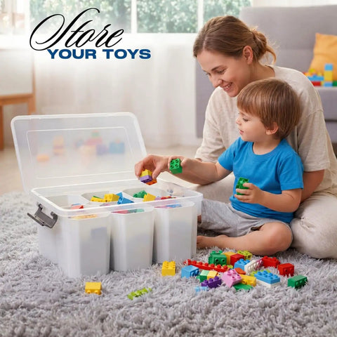 A woman and child organizing toys into Clear 17 Qt Plastic Storage Bins With Lids, Multipurpose Stackable Organizer Boxes For Tools