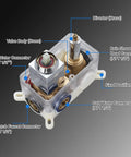 Close-up of brass valve body for Rainfall Shower System With 10 Inch Chrome Shower Head And Handheld Sprayer Ceiling Mounted Faucet Set.