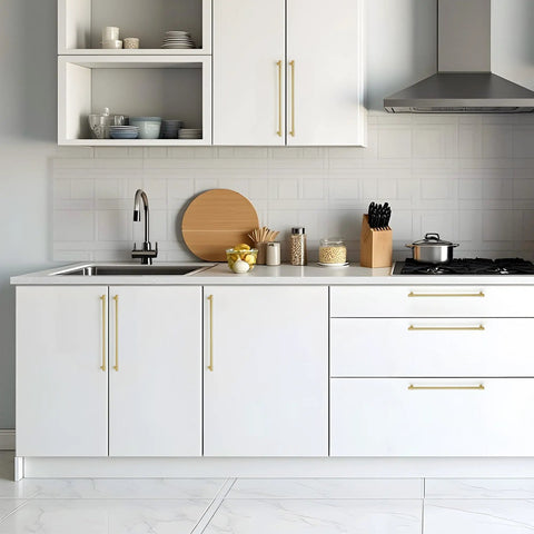 Brushed Gold Kitchen Cabinet Pulls featuring 12 and 3/5 inch hole centers on modern white cabinetry with sink.
