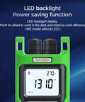 Kickin Ass Optical Fiber Power Meter And Dual Light Source Kit Self Calibrating 7 Wavelength Tester For Single And Multi Mode Cabling With Sc And Fc Adapters Dope Telecom Diagnostic Tool With Bright Screen displaying LED backlight and measurement screen in green housing.