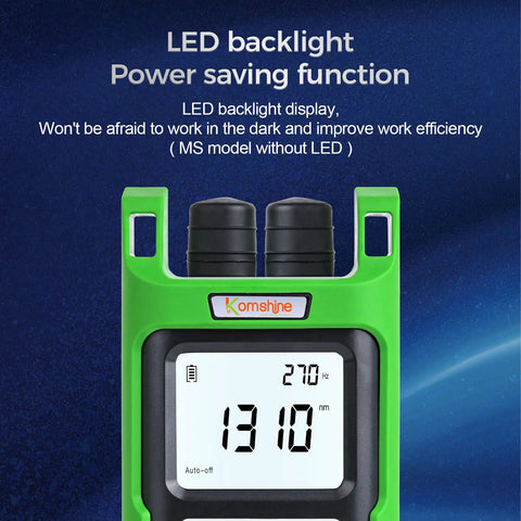 Kickin Ass Optical Fiber Power Meter And Dual Light Source Kit Self Calibrating 7 Wavelength Tester For Single And Multi Mode Cabling With Sc And Fc Adapters Dope Telecom Diagnostic Tool With Bright Screen displaying LED backlight and measurement screen in green housing.