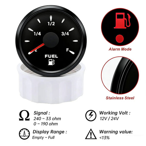 Heavy Duty 6 Inch Fuel Sending Unit With Plug And Play Gauge Kit 240 To 33 Ohms gauge with black face for boats RVs.