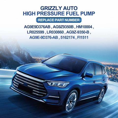 Blue SUV promoting Grizzly Auto High Pressure Fuel Pump, replace part numbers listed in snowy mountain background.