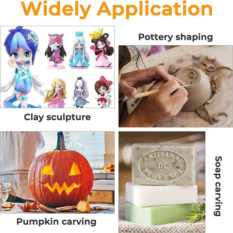 Six Pack Clay Tools Kit For Pottery And Sculpting With Wooden Handles And Stainless Steel Tips A Dope Set For Clay Modeling Ceramics Molding DIY Carving And Pumpkin And Soap Projects With Easy Grip And Versatility shown in use for clay sculpture, pottery shaping, pumpkin carving, and soap carving.