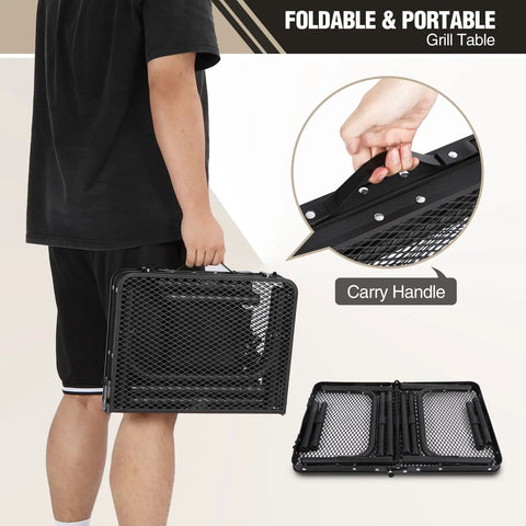 Person carrying a folded Small Folding Grill Table For Outdoors With Three Adjustable Heights Lightweight Portable Aluminum Camp Table For Camping Picnics BBQ Black 24 By 16 Inches with handle.