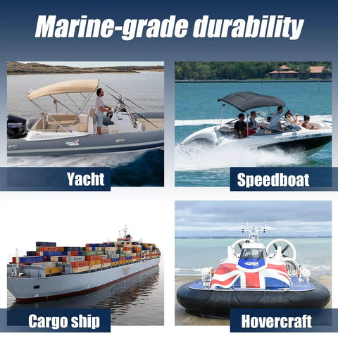 Different types of boats including a yacht, speedboat, cargo ship, and hovercraft showcasing marine-grade durability.