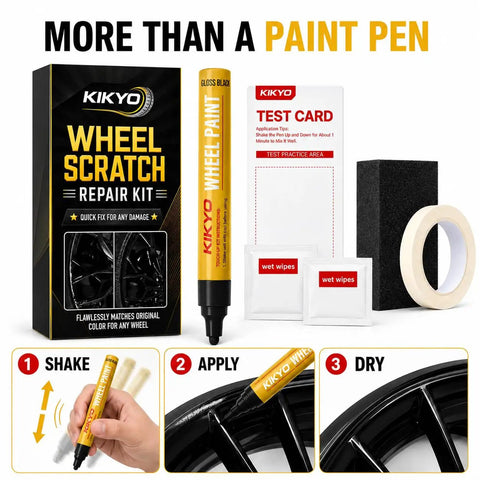 Heavy Duty Wheel Scratch Repair Kit For Curb Rash And Gloss Black Rim Touch Up Paint Fast Setup DIY Auto Finish Refinisher For Beat Up Alloy Wheels. Kit includes paint pen, test card, wet wipes, tape, and sanding pad.