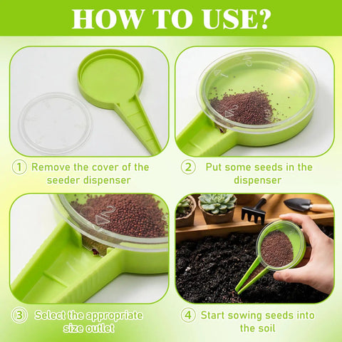 Instructions for Mini Seed Spreader Handheld Seed Planter Tool 20 Pcs Kit With 5 Dial Settings visible, showing use steps.