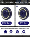 4 Inch Polyurethane Shopping Cart Wheels Replacement Casters Set Of 4 With 1200 Lbs Total Load Capacity Silent Shock Absorbing No Marking Ideal For Cart Furniture Utility Carts Durable And Quiet Rolling For Heavy Duty Use, showing two different axle bore sizes, 5/16 and 3/8.