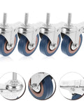Four Piece Set Of Premium Swivel Caster Wheels With Safety Brake And M10x30 Stem, metal and PVC wheels for lightweight trolley use.