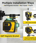 Self Leveling Laser Level With 3x360 3D Cross Lines Green Beam Rechargeable Layout Tool on magnetic bracket mount
