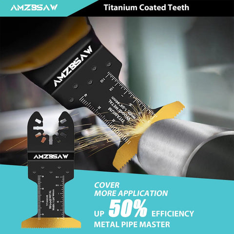 Badass 32 Piece Titanium Oscillating Multi Tool Blade Set For Heavy Duty Metal Cutting Wood Planks Nails Removal And Plastic Demolition Projects With Sharp Kick Ass Edges And Top Shelf Durability, showing titanium coated teeth cutting metal.