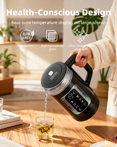 Person pouring hot water from Electric Tea Kettle With Temperature Control And Glass Body For Tea And Coffee Daily Driver.