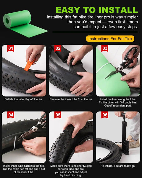 Fat Bike Tire Liner Pro Inner Tube Flat Protector installation guide showing step-by-step process for rugged terrain protection.