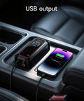 Cordless Tire Inflator Portable Air Compressor with 12000mAh Battery, shown charging a smartphone in a car's console