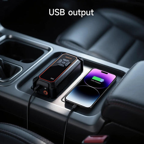 Cordless Tire Inflator Portable Air Compressor with 12000mAh Battery, shown charging a smartphone in a car's console