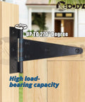 6 Inch T Strap Hinges Heavy Duty Black Wrought Iron Gate Hinges for Wooden Fences and Barn Doors Tough As Nails Corrosion Resistant Anti Rust Thick Iron With Smooth Swing Perfect for Yard Gates and Sheds 2 Pack Set installed on wooden gate post with high load-bearing feature.
