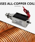 Heavy Duty DC12V Push Pull Solenoid Actuator With 20mm Stroke Length showing all-copper coils for strong performance.