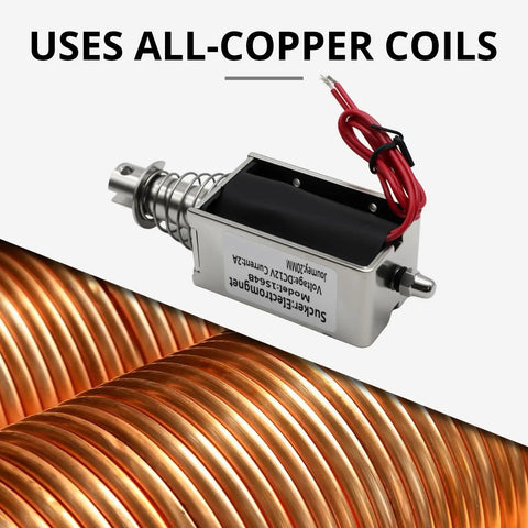 Heavy Duty DC12V Push Pull Solenoid Actuator With 20mm Stroke Length showing all-copper coils for strong performance.