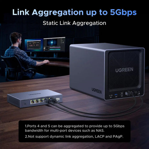 Six Port 2.5Gb Ethernet Switch With Five 2.5Gb Ports And One 10Gb SFP Plus Port connected to a NAS in a home office setting.