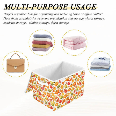 Top Shelf Foldable Storage Bin With Snug Flip Top Lid And Reinforced Handles For Bedroom Closet Organization, fabric cube with fall design, 16.5 x 12.6 x 11.8 size.