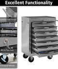21 Inch Lockable Rolling Tool Chest With Tough As Nails Steel Build And Smooth Ball Bearing Slides Parking Brake Casters For Easy Shop Hopping Sturdy Utility Cabinet For Any Garage Project In Classic Silver with side handle and drawers.