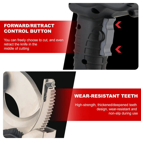 Rechargeable Ratchet Cable Cutter with forward/retract button and wear-resistant teeth for aluminum and copper cables