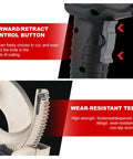 Close-up of forward/retract control button and wear-resistant teeth on cordless cable cutter for aluminum and copper cables
