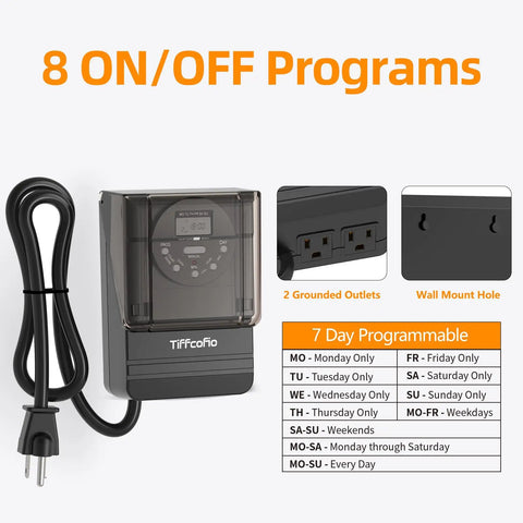 Outdoor Digital Light Timer Outlet 7 Day Programmable Plug In Switch With Dual Grounded Sockets showing digital display and two outlets.