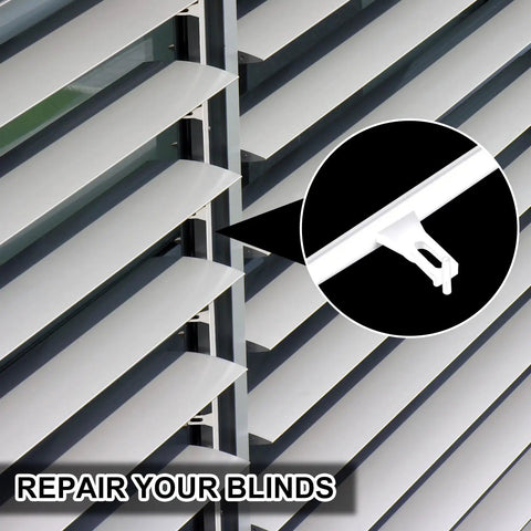 20 Pack Window Blind Repair Sliders And Shutter Connector Pins With 3.25 Inch Center Spacing Heavy Duty Build For A Quick Fix And Hassle Free Operation, showing white pin connecting slats.