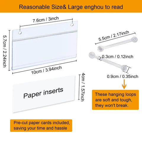 Home Run Plastic Shelf Tags With Zero Hassle Snap Hooks And Ready Paper Cards For Heavy Duty Wire Baskets To Show Price Points And Keep Store Layouts Looking Fresh, showing dimensions and details.