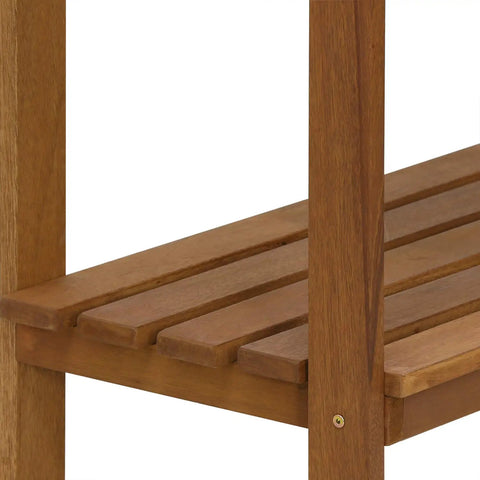 Slatted shelf detail of Tioman Outdoor Potting Bench In Natural Hardwood For Small Patios And Balconies With A Tall Open Frame And Slatted Shelves