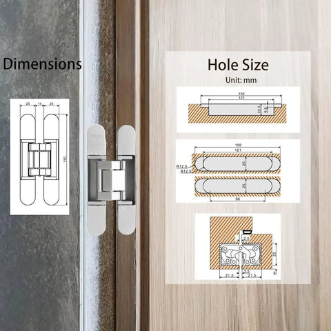 Dimensions and hole size of Heavy Duty Hidden Door Hinges Silver 4 Pack 6 Inch Concealed Cabinet Hardware.