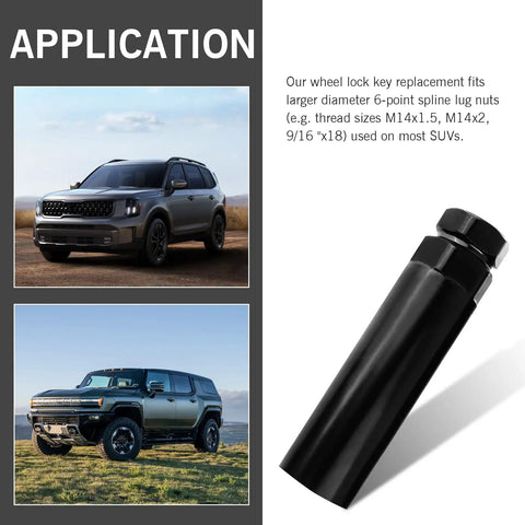 Rugged Heavy Duty 6 Spline Lug Nut Socket For Fuel Rim Lock Removal And Wheel Lock Key Replacement Fits 21mm And 22mm Hex Socket Wrench, showcased in black with SUV images.