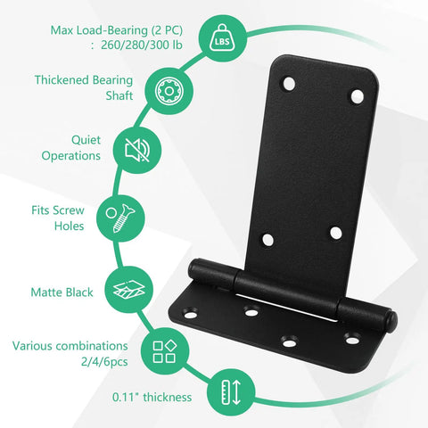 5 Inch Gate Hinges 6 Pack Matte Black Heavy Duty Hinge 260 Lbs Capacity Rock Solid Steel For Wood And Metal Farm Gates detailed features.