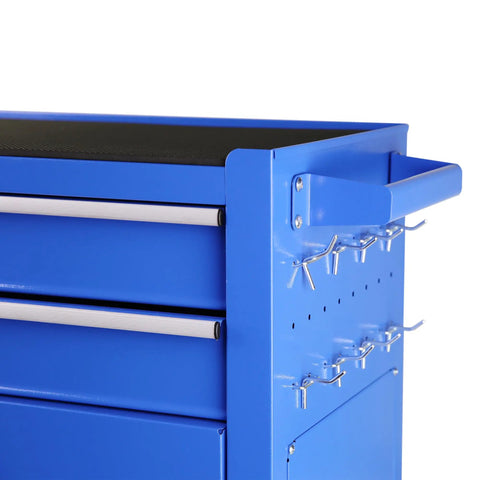 Built Tight Eight Drawer Rolling Tool Chest With Fully Lined Drawers And Locking Base Cabinet For No Mess Garages And Heavy Duty Shop Rigs In True Blue, featuring side hooks and handle.