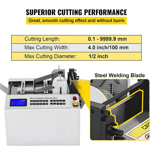 Heavy Duty Heat Shrink Tube Cutter Machine Dead Nuts Precise Cold Cutting Action with touchscreen and steel welding blade.
