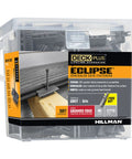 Eclipse Concealed Deck Fasteners Hide Unsightly Screws For A Clean Outdoor Floor Using Industrial Grade Stainless Steel Clip System To Keep Planks Rock Solid And Secure With Zero Stress In Rich Brown Shade Matching Grooved Composite Floors in a clear container showcasing 90 clips.