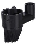 Close-up of 65mm Dust Shoe for Routers Fits 1.5kW Spindles Heavy Duty Dust Cover and Brush Cleaner, black plastic with brush.