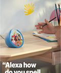 Echo Pop Kids Smart Speaker With Alexa Plus Showcasing Fresh Disney Princess Vibes for learning on a desk with colorful decor.