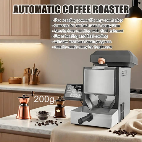 Electric Coffee Bean Roaster With Auto Baking And Transparent Viewing Drum For Home Barista Setup Built In Dust Collector on kitchen countertop.
