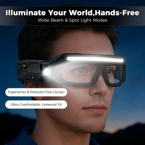 Game Changer Durable Rechargeable Headlamp Glasses With Smart Motion Sensor And Quick Tap Controls For Camping Hiking Fishing And Outdoor Adventures Two Pack Yellow Lenses worn by a person, showcasing ergonomic design and illumination.